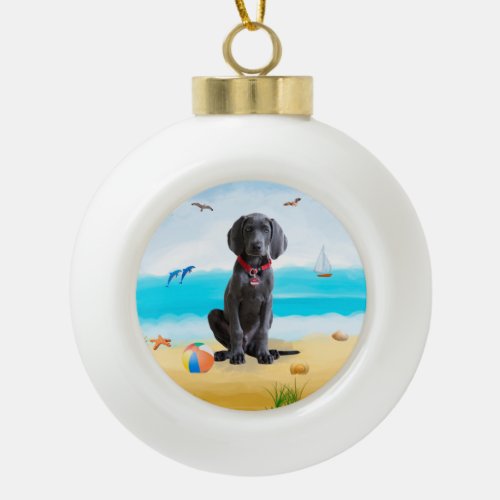 weimaraner Dog on Beach  Ceramic Ball Christmas Ornament