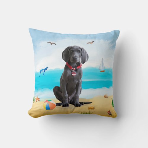 weimaraner Dog on Beach  Throw Pillow