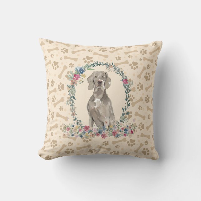 Weimaraner Dog Paw Print & Floral Cute Throw Pillow (Front)