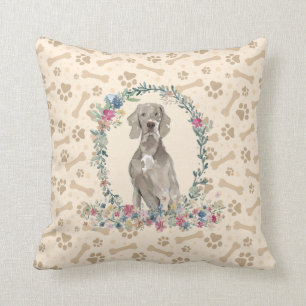 Weimaraner Dog Paw Print & Floral Cute Throw Pillow