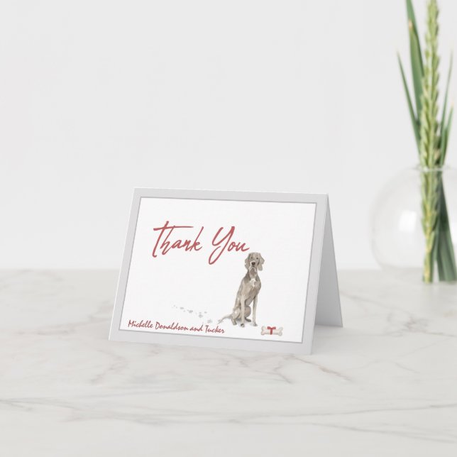 Weimaraner Dog Personalized & Bone Red Ribbon   Thank You Card (Front)