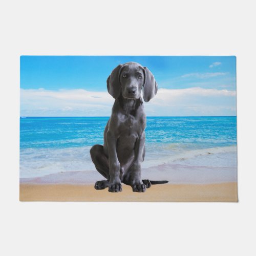 Weimaraner Dog Sitting On Beach Doormat