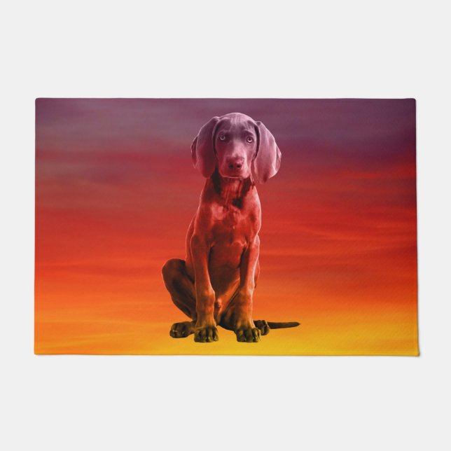 Weimaraner Dog Sitting On Beach Doormat (Front)