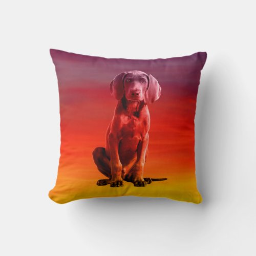 Weimaraner Dog Sitting On Beach Throw Pillow