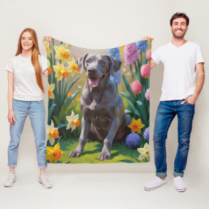 Weimaraner Dog Spring Flowers Painting  Fleece Blanket