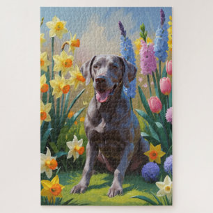 Weimaraner Dog Spring Flowers Painting Jigsaw Puzzle