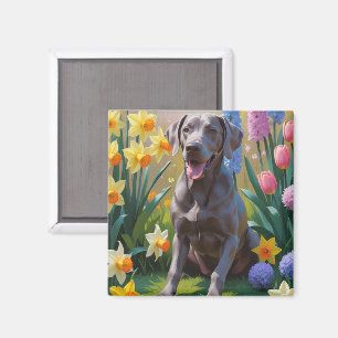 Weimaraner Dog Spring Flowers Painting  Magnet