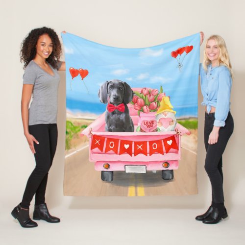 Weimaraner Dog Valentines Day Truck  Fleece Blanket