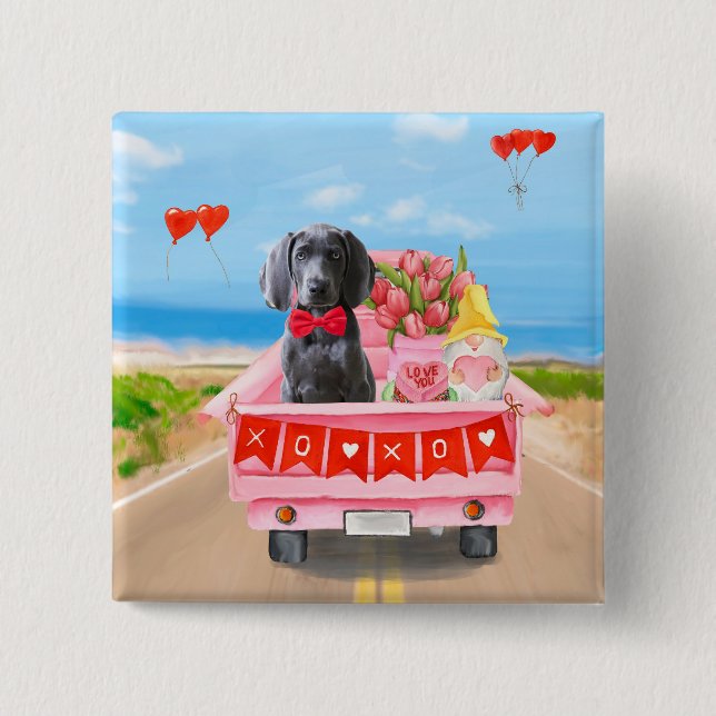 Weimaraner Dog Valentine's Day Truck Hearts Button (Front)