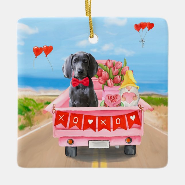 Weimaraner Dog Valentine's Day Truck Hearts Ceramic Ornament (Front)