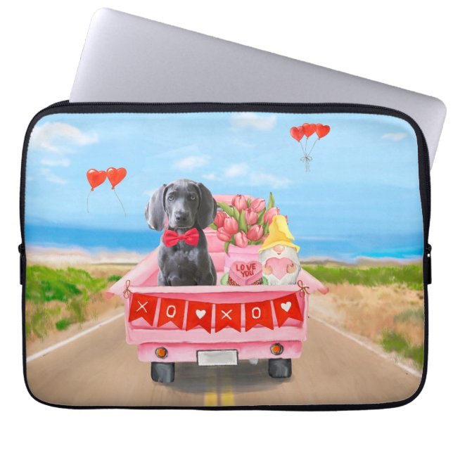 Weimaraner Dog Valentine's Day Truck Hearts Laptop Sleeve (Front)
