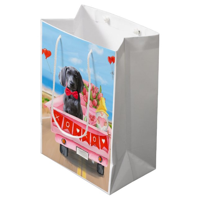 Weimaraner Dog Valentine's Day Truck Hearts Medium Gift Bag (Front Angled)