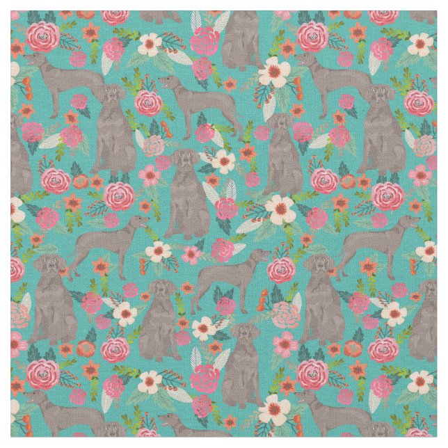 weimaraner dog vintage florals turquoise fabric (Close Up)