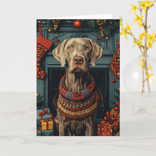 Weimaraner Dog With Christmas Gifts Fireplace Card