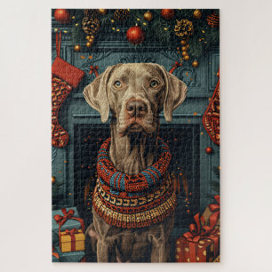 Weimaraner Dog With Christmas Gifts Fireplace Jigsaw Puzzle