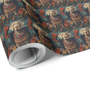 Weimaraner Dog With Christmas Gifts Fireplace  Wrapping Paper