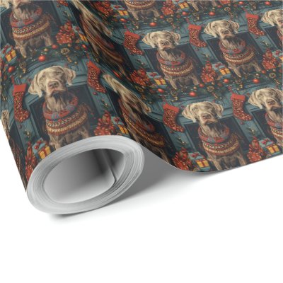 Weimaraner Dog With Christmas Gifts Fireplace  Wrapping Paper