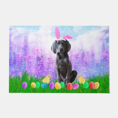 Weimaraner Dog with Easter Eggs Bunny Chicks Doormat