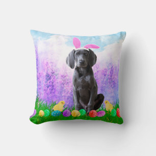 Weimaraner Dog with Easter Eggs Bunny Chicks Throw Pillow
