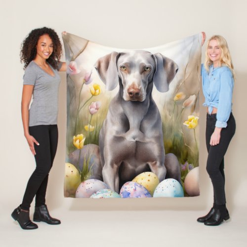 Weimaraner Dog with Easter Eggs Holiday Fleece Blanket