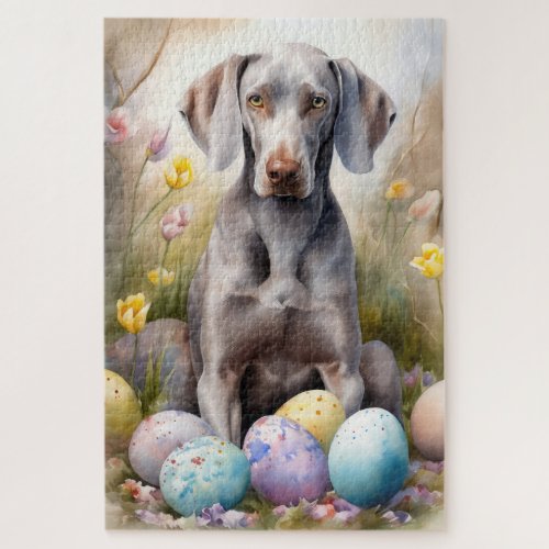 Weimaraner Dog with Easter Eggs Holiday Jigsaw Puzzle