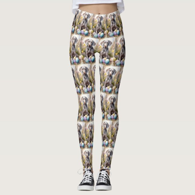 Weimaraner Dog with Easter Eggs Holiday Leggings (Front)