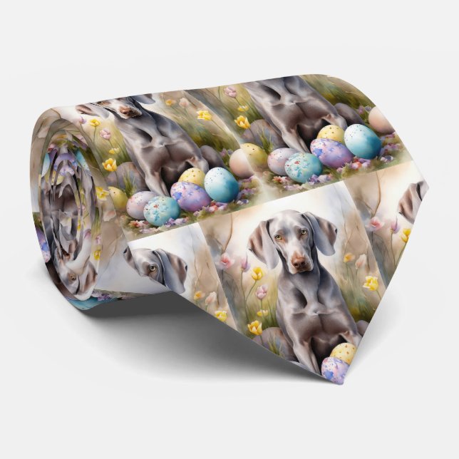 Weimaraner Dog with Easter Eggs Holiday Neck Tie (Rolled)
