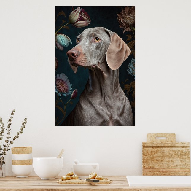 Weimaraner Dog with Flowers | Elegant Pet Portrait Poster (Kitchen)