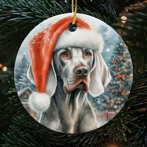 Weimaraner Dog with Santa Hat Christmas Ceramic Ornament