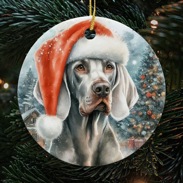 Weimaraner Dog with Santa Hat Christmas Ceramic Ornament (Creator Uploaded)