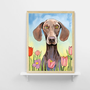 Weimaraner Dog with Tulips Painting Poster