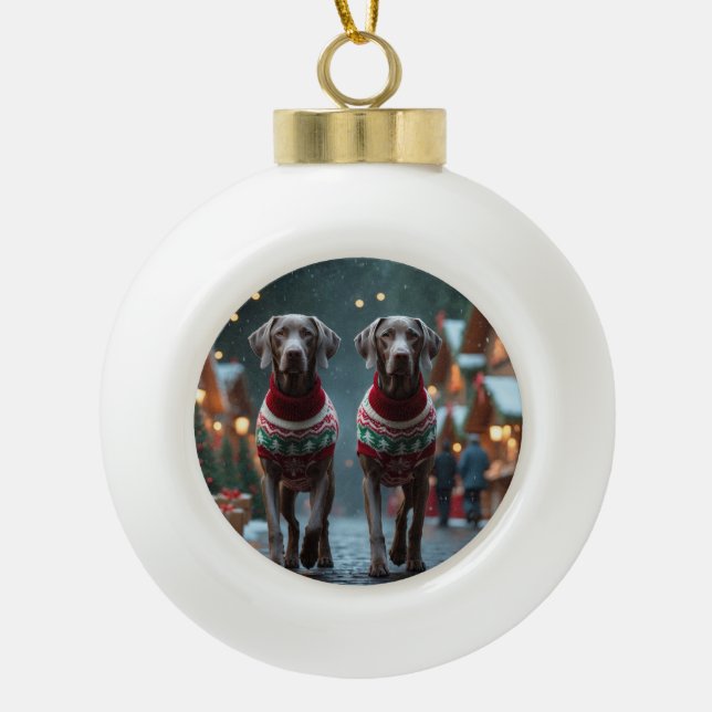 Weimaraner Dogs Christmas Snow Holiday Ceramic Ball Christmas Ornament (Front)