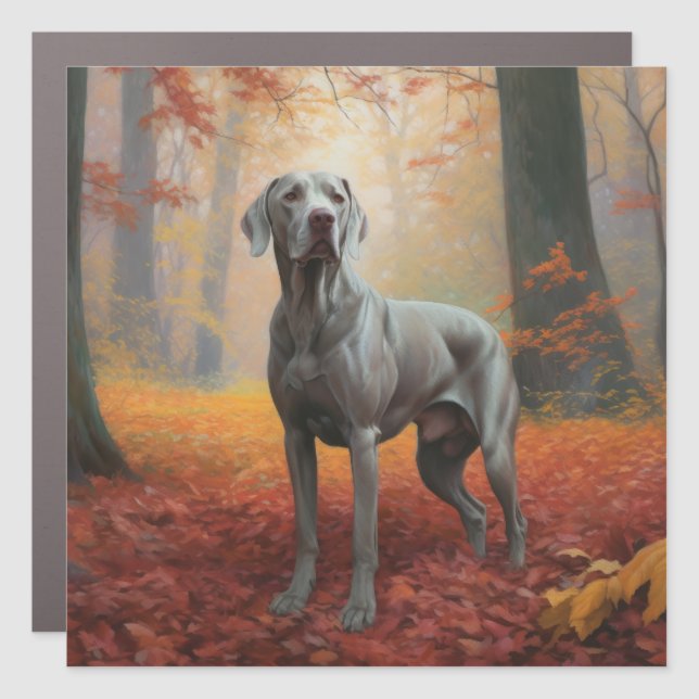 Weimaraner in Autumn Leaves Fall Inspire  Car Magnet (Front)