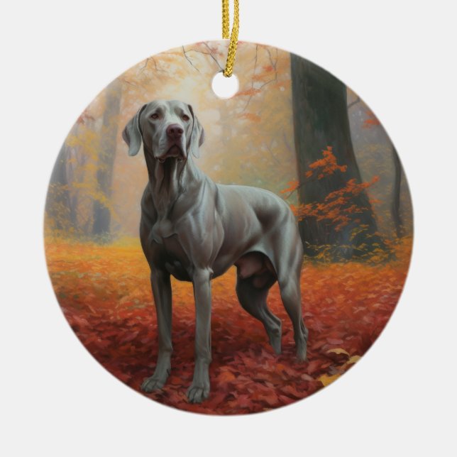 Weimaraner in Autumn Leaves Fall Inspire  Ceramic Ornament (Front)