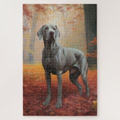 Weimaraner in Autumn Leaves Fall Inspire  Jigsaw Puzzle