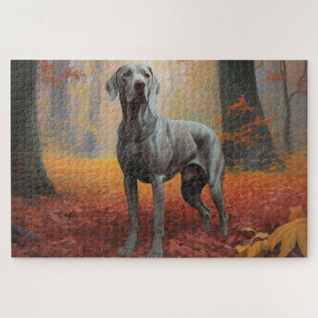 Weimaraner in Autumn Leaves Fall Inspire  Jigsaw Puzzle (Horizontal)
