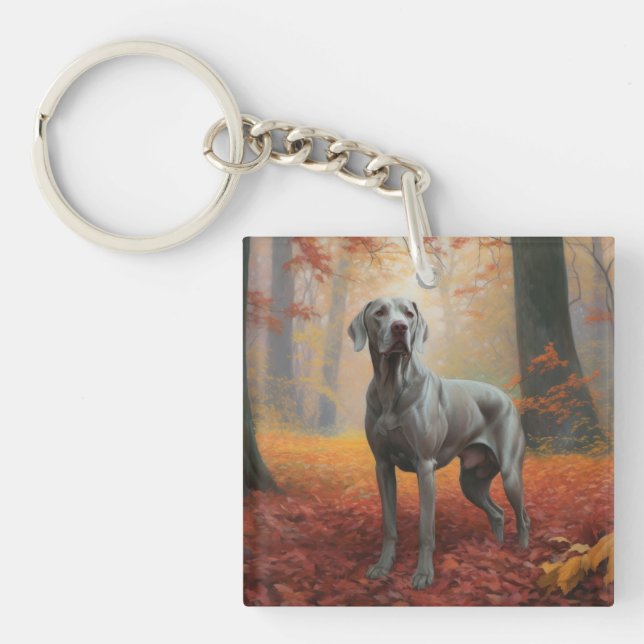 Weimaraner in Autumn Leaves Fall Inspire  Keychain (Front)