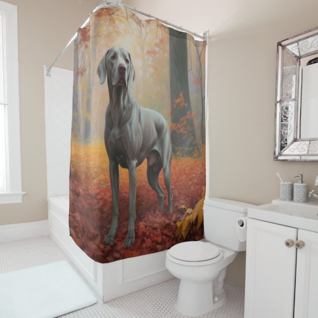 Weimaraner in Autumn Leaves Fall Inspire  Shower Curtain (In Situ)