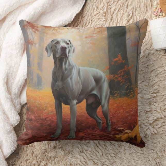 Weimaraner in Autumn Leaves Fall Inspire  Throw Pillow (Blanket)