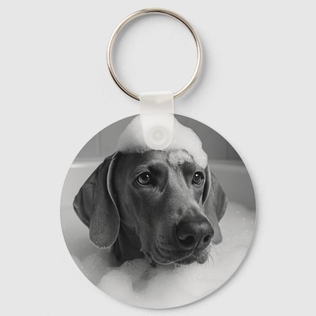 Weimaraner in the bath with bubbles on his head keychain (Front)