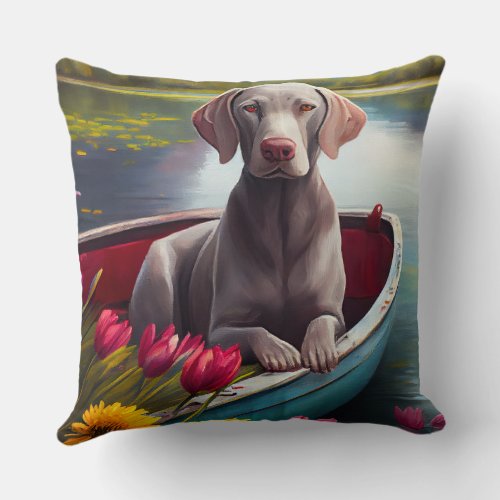 Weimaraner on a Paddle A Scenic Adventure Throw Pillow