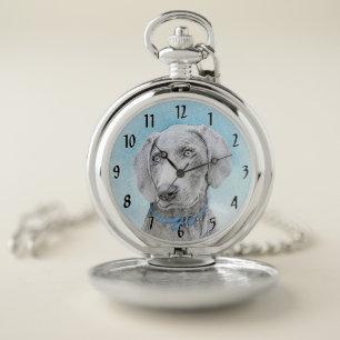Weimaraner Painting - Cute Original Dog Art Pocket Watch