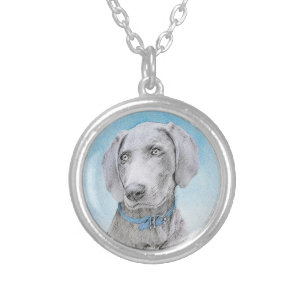 Weimaraner Painting - Cute Original Dog Art Silver Plated Necklace