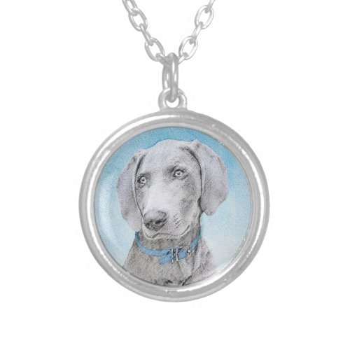 Weimaraner Painting _ Cute Original Dog Art Silver Plated Necklace