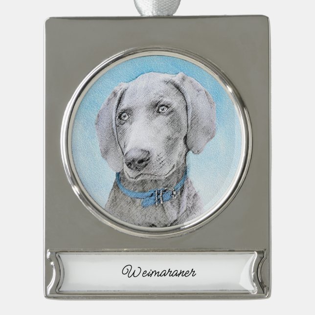 Weimaraner Painting - Cute Original Dog Art Silver Silver Plated Banner Ornament (Front)