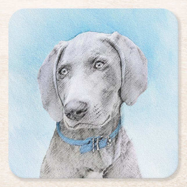 Weimaraner Painting - Cute Original Dog Art Square Paper Coaster (Front)