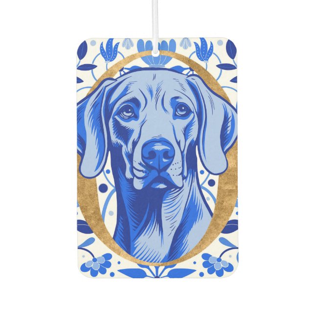 Weimaraner peering thru the letter "O" in Gold Air Freshener (Front)