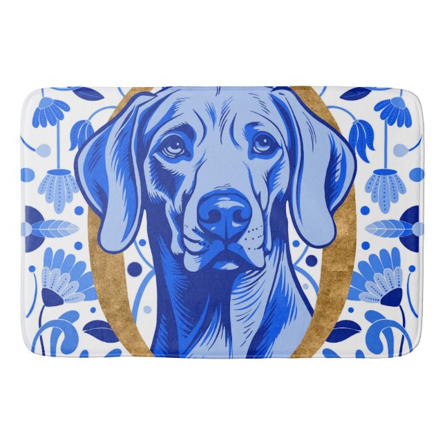 Weimaraner peering thru the letter "O" in Gold Bath Mat (Front)