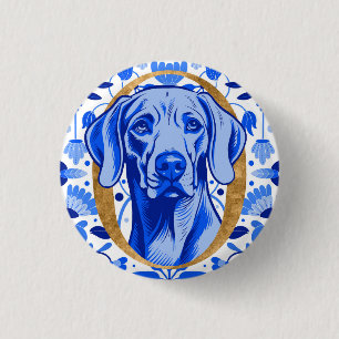Weimaraner peering thru the letter "O" in Gold Button