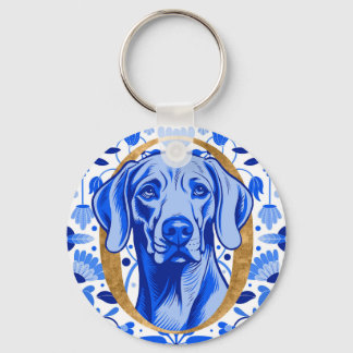 Weimaraner peering thru the letter "O" in Gold Keychain